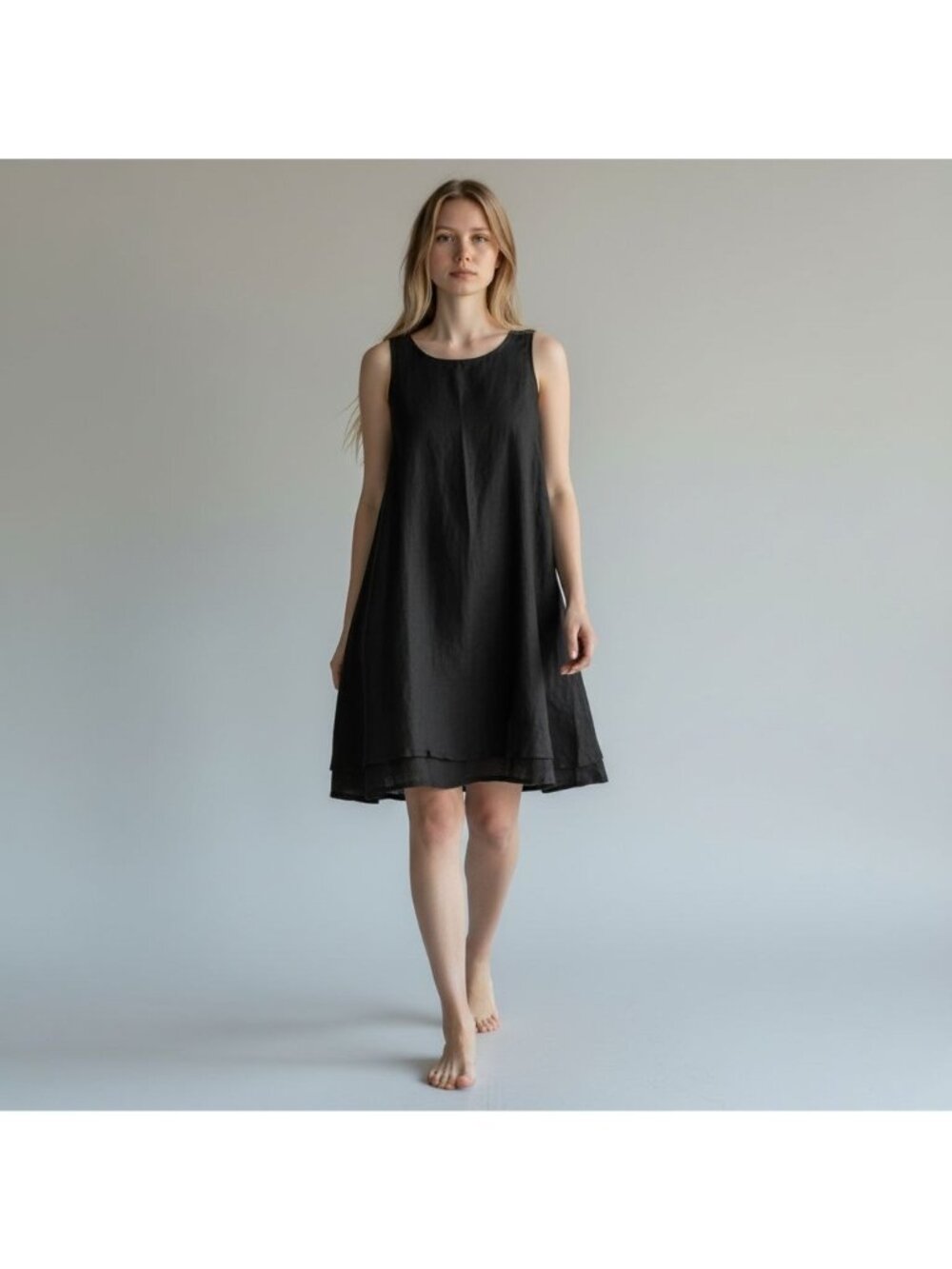 Eileen Fisher Organic Irish Linen Dress Black Large Capsule Minimalist Midi Slee